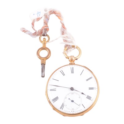 Lot 397 - A yellow metal open face pocket watch.