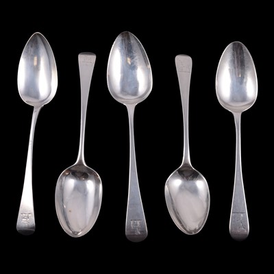 Lot 231 - Pair of Georgian silver serving spoons, Richard Turner, London 1817, and other similar spoons.