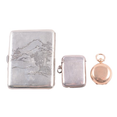 Lot 309 - Oriental white metal cigarette case, silver vesta, and gold-filled sovereign holder.