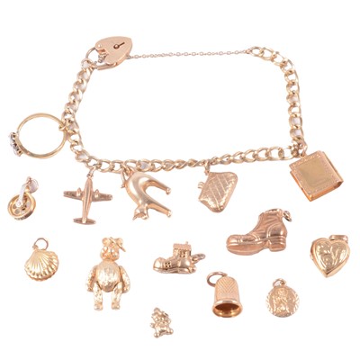 Lot 230 - A 9 carat yellow gold charm bracelet with charms attached, and some loose charms.