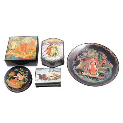 Lot 168 - Four Russian black lacquer Fedoskino boxes