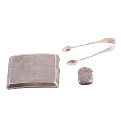 Lot 312 - Silver cigarette case, vesta case and sugar tongs