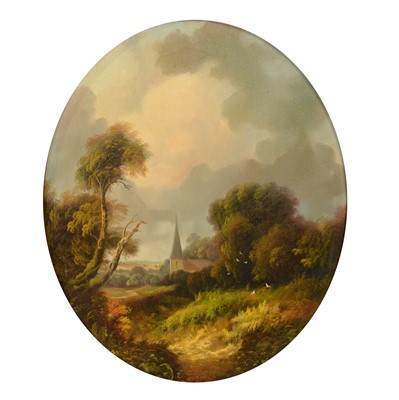 Lot 329 - Andrew Grant Kurtis, landscape with church; and a needlework tapestry