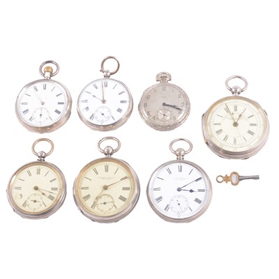 Lot 411 - Six silver pocket watches, and Elgin - a vintage gold-filled pocket watch.