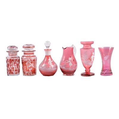 Lot 112 - Quantity of ruby-coloured glass, some decorated in the style of Mary Gregory