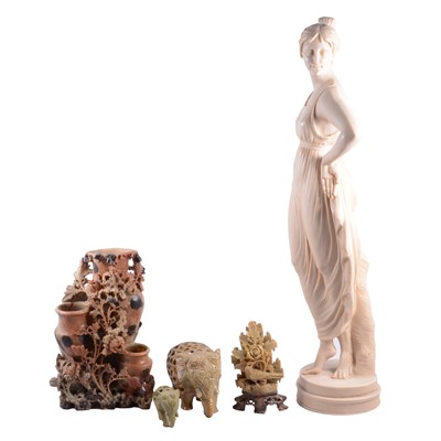 Lot 114 - Collection of carved soapstone Oriental ornaments and a resin goddess statue