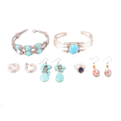 Lot 505 - White metal jewellery, Blue John, turquoise, Chinese bangle, and earrings for pierced ears.