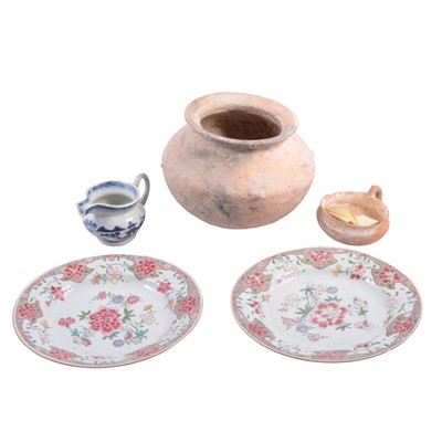 Lot 49 - Pair of Chinese polychrome plates, a Thai pottery vessel, etc