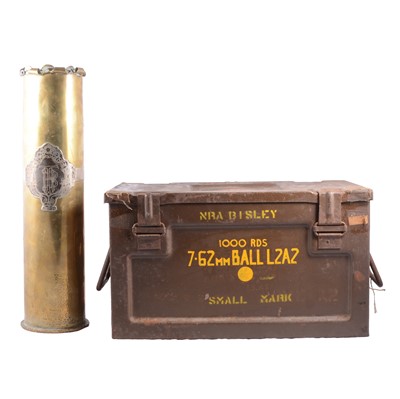 Lot 182 - French bayonet, two swords, ammo box, WWI brass shell case