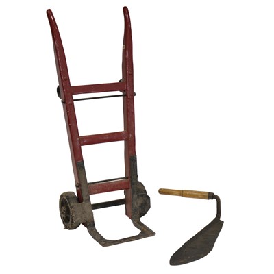 Lot 380 - Vintage wooden sack barrow and a scythe