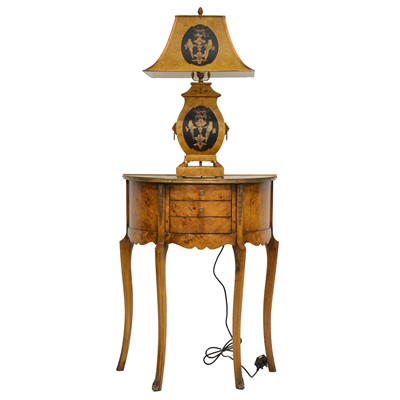 Lot 335 - Small burr wood demi lune table, with a modern table lamp
