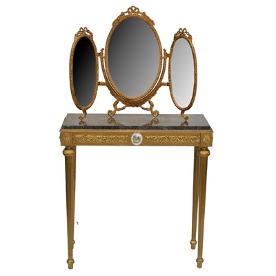 Lot 361 - French marble topped console table with gilt metal triptych mirror