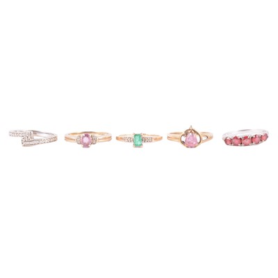 Lot 55 - Five gemset rings, diamond, emerald and diamond, amethyst and diamond, and others.