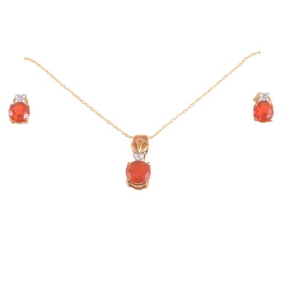 Lot 279 - A suite of fire opal and diamond jewellery, ring, pendant on a chain, earstuds.