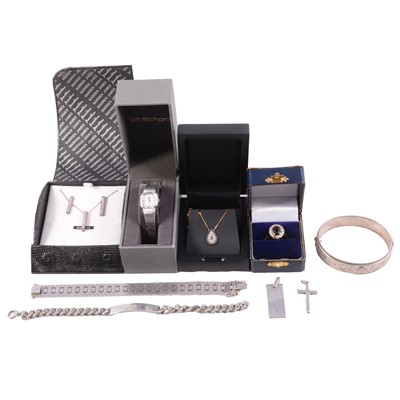 Lot 503 - Gemset gold ring, yellow metal chains, silver, white metal and costume jewellery, and a watch.