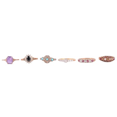 Lot 58 - Six gemset rings, diamond, sapphire and diamond, ruby and diamond, amethyst.