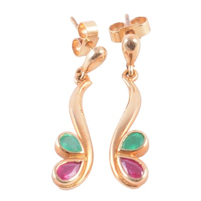 Lot 239 - A pair of emerald and ruby drop earrings.