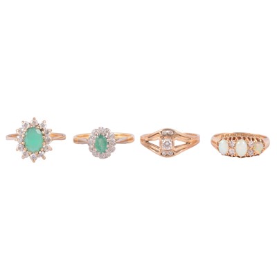 Lot 51 - CATALOGUE AMENDMENT - Four gemset rings, opal and diamond, emerald and diamond, green chalcedony, and another.
