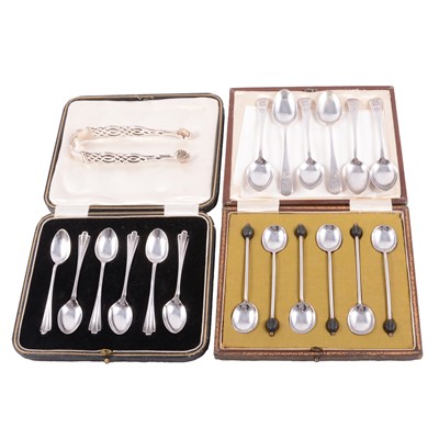 Lot 241 - Two cased sets of silver coffee spoons, plus loose set sugar tongs
