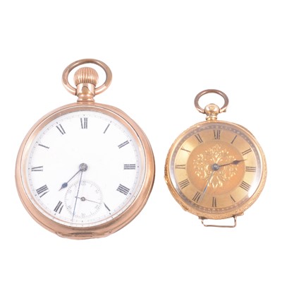 Lot 409 - A gold-plated open face pocket watch, and a yellow metal open face fob watch.
