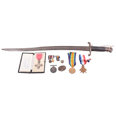 Lot 200 - Group of three WWI medals and a bayonet