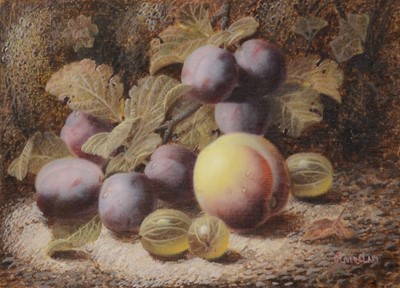 Lot 311 - Oliver Clare, Still life of plums, peach and gooseberry