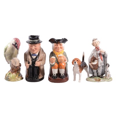 Lot 83 - Box of decorative ceramic figurines, character jugs, paperweights, etc
