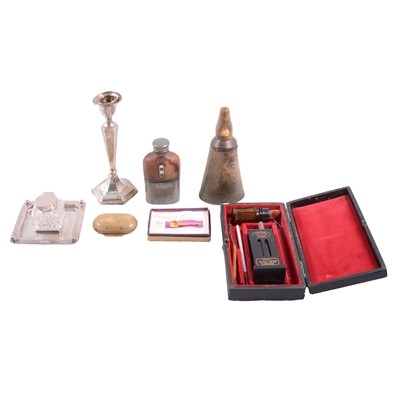 Lot 215 - Silver ink stand, silver coaster, candlestick, commemorative medals, etc.