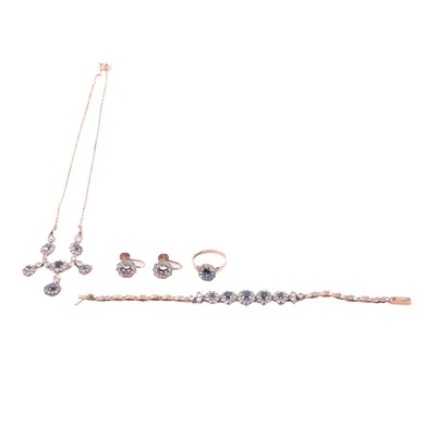 Lot 296 - A suite of sapphire jewellery comprising necklace, bracelet, ring, earscrews in original fitted box.