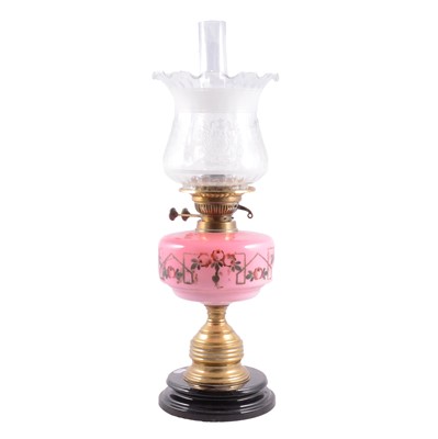 Lot 134 - Victorian pink and opaque glass oil lamp