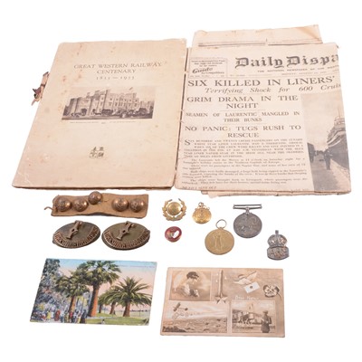 Lot 192 - WW1 medals, military badges and buttons, banknotes, postcards and other ephemera.