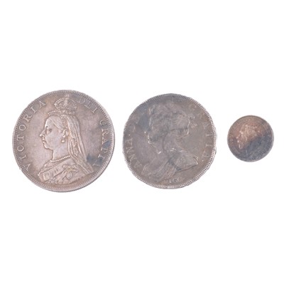 Lot 212 - Three silver content coins, Anne, Double Florin and George V.