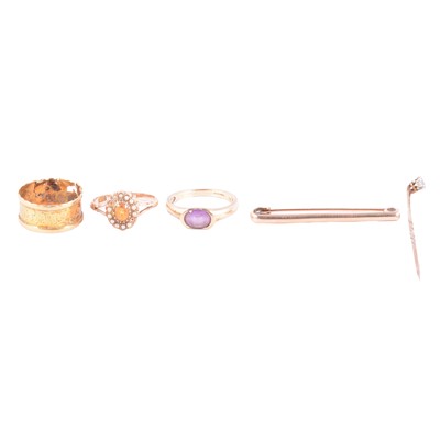 Lot 154 - A diamond tie pin, yellow metal bar brooch, two gemset gold rings, and a William IV gold ring.