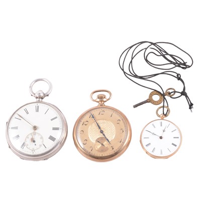 Lot 414 - A yellow metal fob watch, a gold-plated pocket watch, and a silver pocket watch.