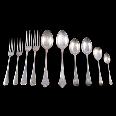 Lot 230 - Set of six table & dessert forks, Goldsmiths & Silversmiths Co Ltd, London 1927, and other flatware.