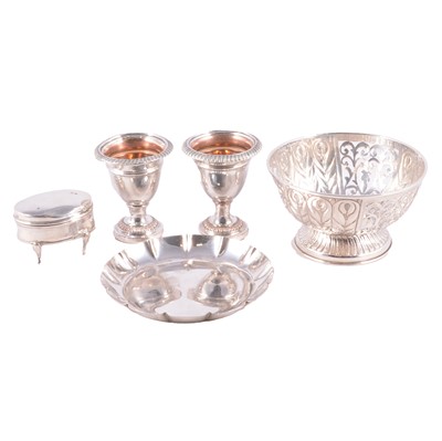 Lot 131 - Silver bowl, silver coaster, ring box, two plated eggcups, sundry coins