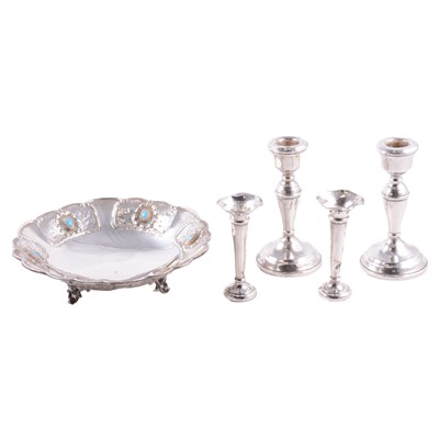 Lot 240 - Pair of candlesticks, W I Broadway & Co., pair of spill vases and a bowl