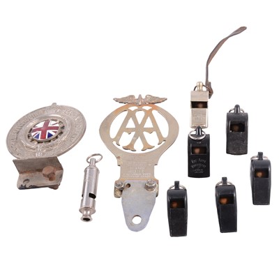 Lot 207 - Collection of whistles, and AA and RAC badges