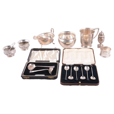 Lot 232 - Silver sauce boat, Viners Ltd, Sheffield 1935, and other silver items.