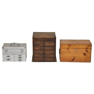 Lot 382 - Small stained wood six-drawer worktop chest of drawers, and two toolboxes
