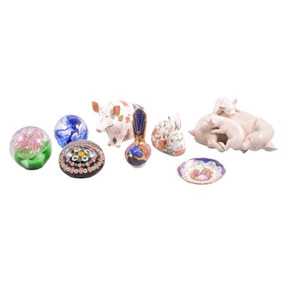 Lot 57 - Three Royal Crown Derby paperweights, other pig ornaments, and glass paperweights