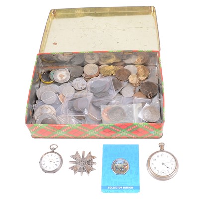 Lot 201 - World coins, silver cased fob watch, nickel pocket watch, German badge