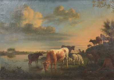 Lot 290 - School of Thomas Sidney Cooper, Cattle watering at sunset