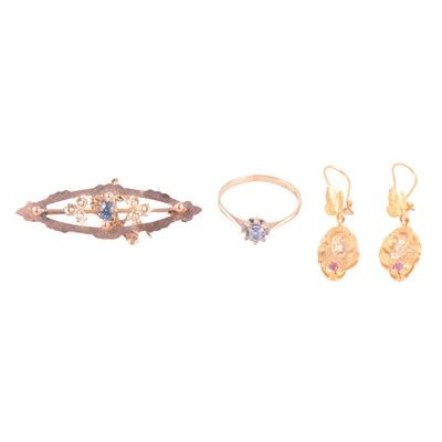 Lot 156A - An Edwardian sapphire and seed pearl brooch, a gemset ring, and a pair of gemset earrings.