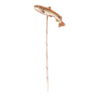 Lot 382 - A 9 carat yellow gold enamelled rainbow trout stick pin.