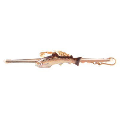 Lot 380 - A yellow metal rainbow trout bar brooch or stock pin.