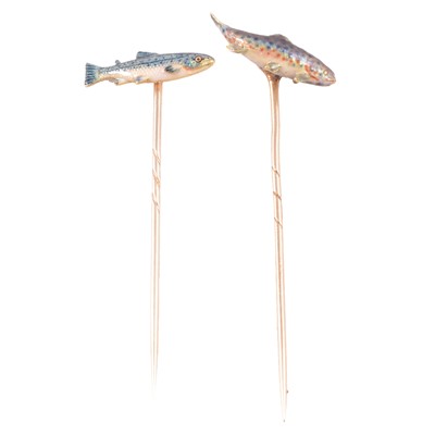 Lot 379 - Two enamelled yellow metal fish stick pins.