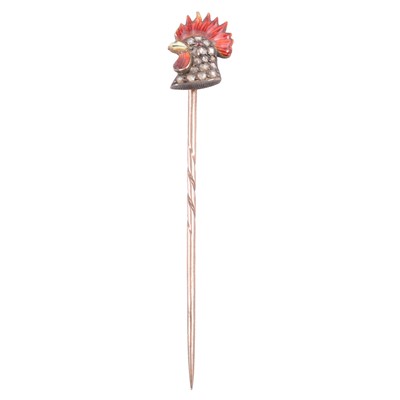 Lot 372 - An enamelled and diamond set cockerel stick pin