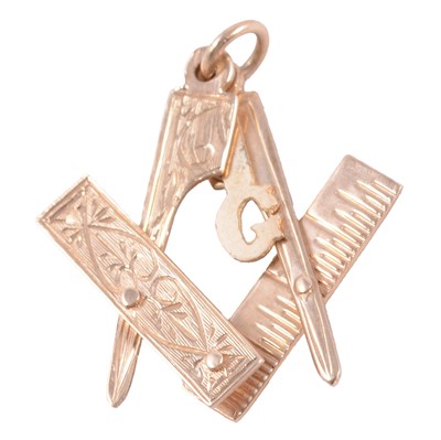 Lot 348 - A 9 carat yellow gold Masonic folding compass and square pendant.