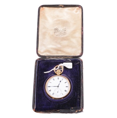 Lot 395 - A yellow metal open face pocket watch.